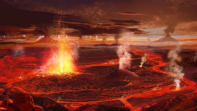 В то время было очень много вулканов, а вокруг каждого вулкана было озеро лавы, где кипела жизнь.