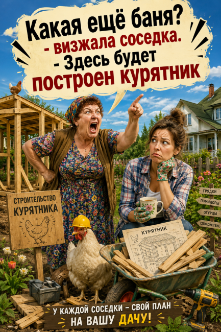 Какая ещё баня? - визжала соседка. - Здесь будет построен курятник