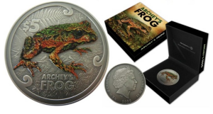 Новозеландская лягушка на серебряной пятидолларовой монете