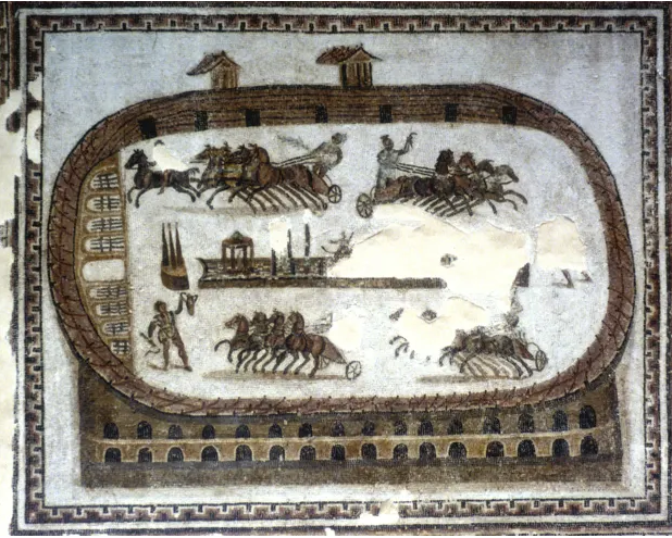 Римская мозаика с изображением арены гонки на колесницах