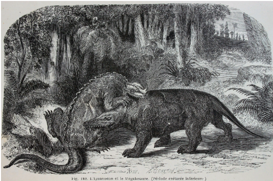 Реконструкция Эдуарда Риу битвы между игуанодоном и мелалозавром, опубликованная в книге Луи Фигье 1864 года